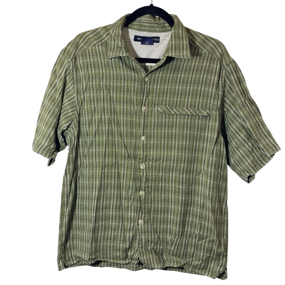 Exofficio Green plaid polo shirt button down Sz Large good condition cotton